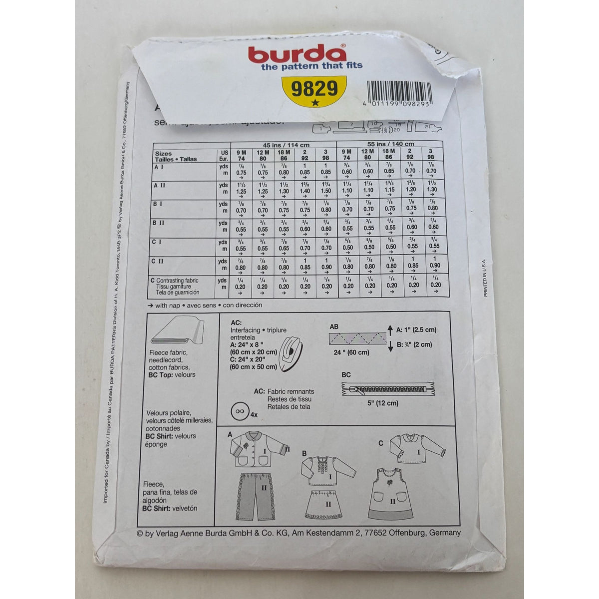 Burda Sewing Pattern 9829 Baby Shirt Pants Jumper Coordinated Outfits 9M-3T UC