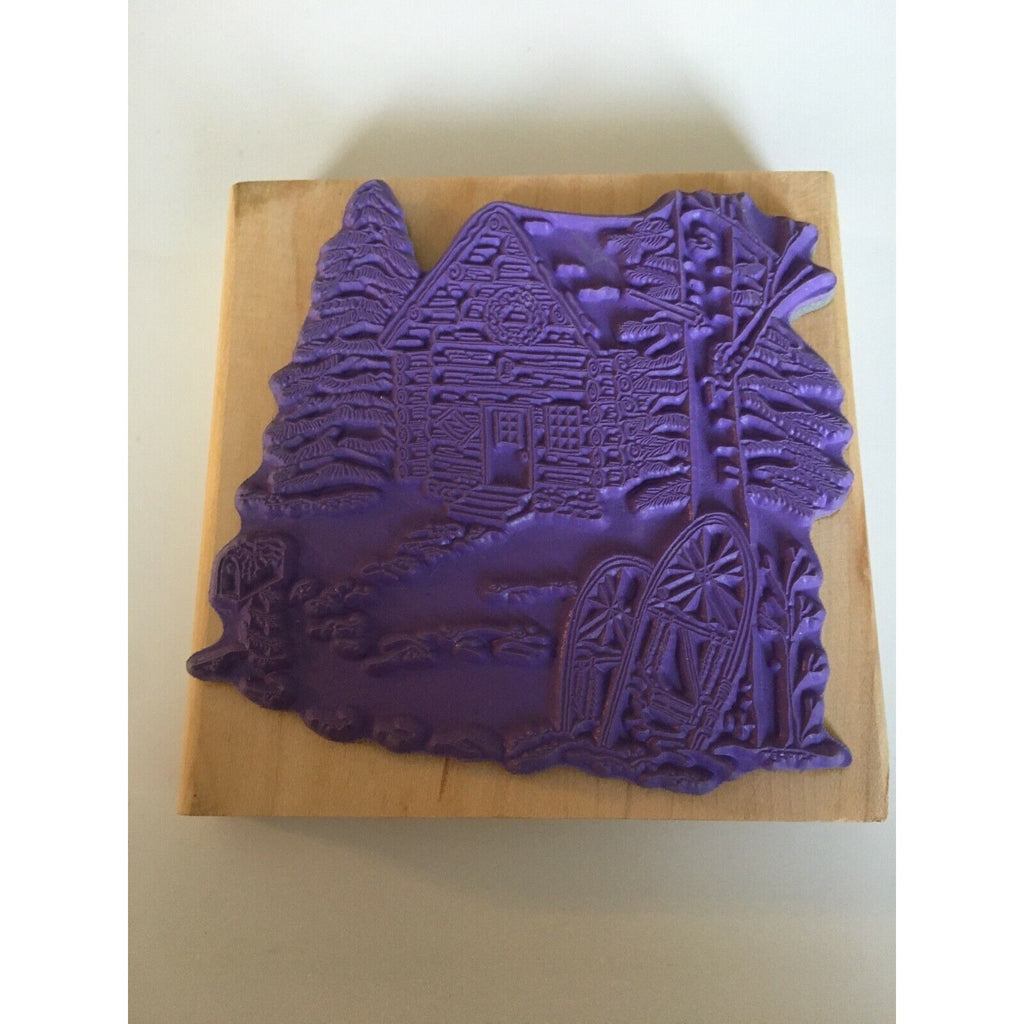 Purple Daisy Designs Rubber Stamp Christmas Tree Cabin in Woods Snowshoes Winter