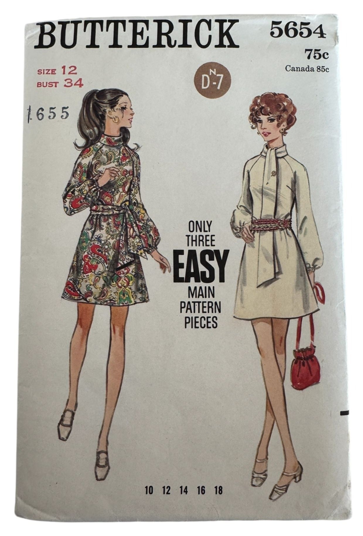 Butterick Sewing Pattern 5654 Mod A-Line Dress Vintage 1960s 12 Bust 34 Uncut