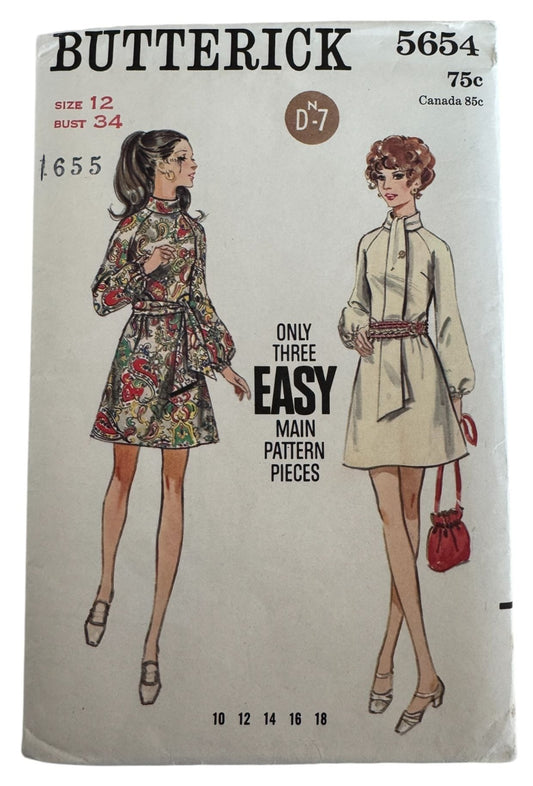 Butterick Sewing Pattern 5654 Mod A-Line Dress Vintage 1960s 12 Bust 34 Uncut