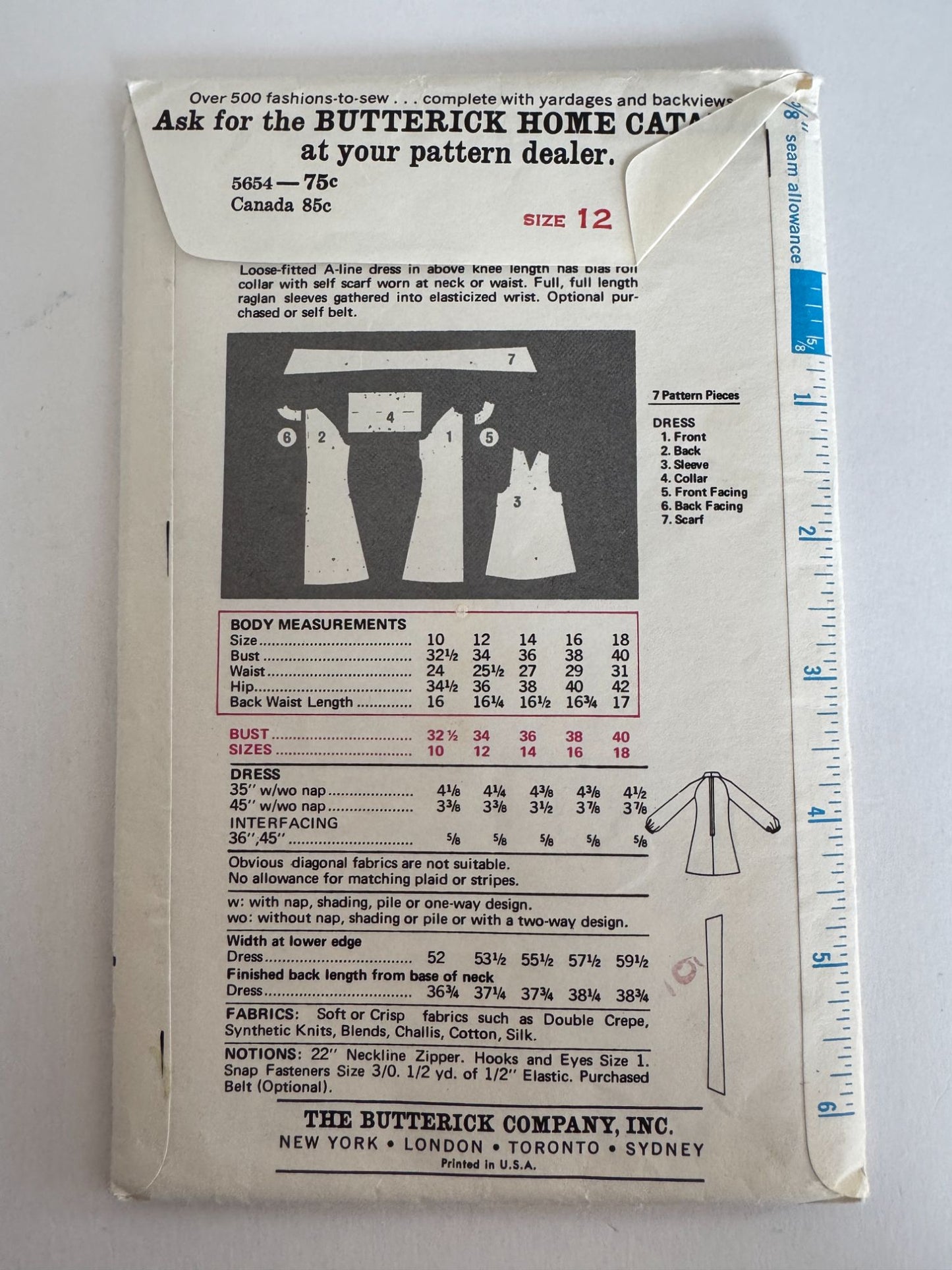 Butterick Sewing Pattern 5654 Mod A-Line Dress Vintage 1960s 12 Bust 34 Uncut