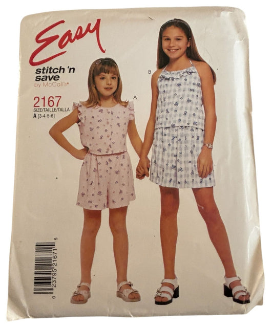 McCalls Sewing Pattern 2167 Girls Top and Shorts Set Summer Outfit Easy 3-6 UC