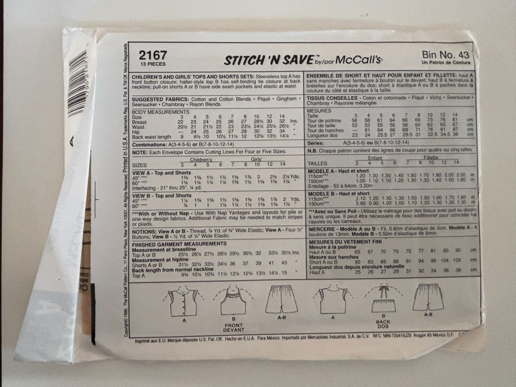 McCalls Sewing Pattern 2167 Girls Top and Shorts Set Summer Outfit Easy 3-6 UC