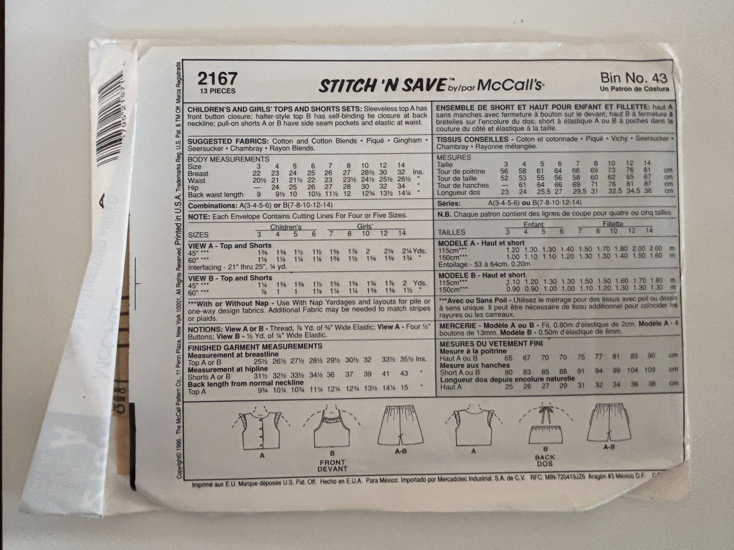 McCalls Sewing Pattern 2167 Girls Top and Shorts Set Summer Outfit Easy 3-6 UC