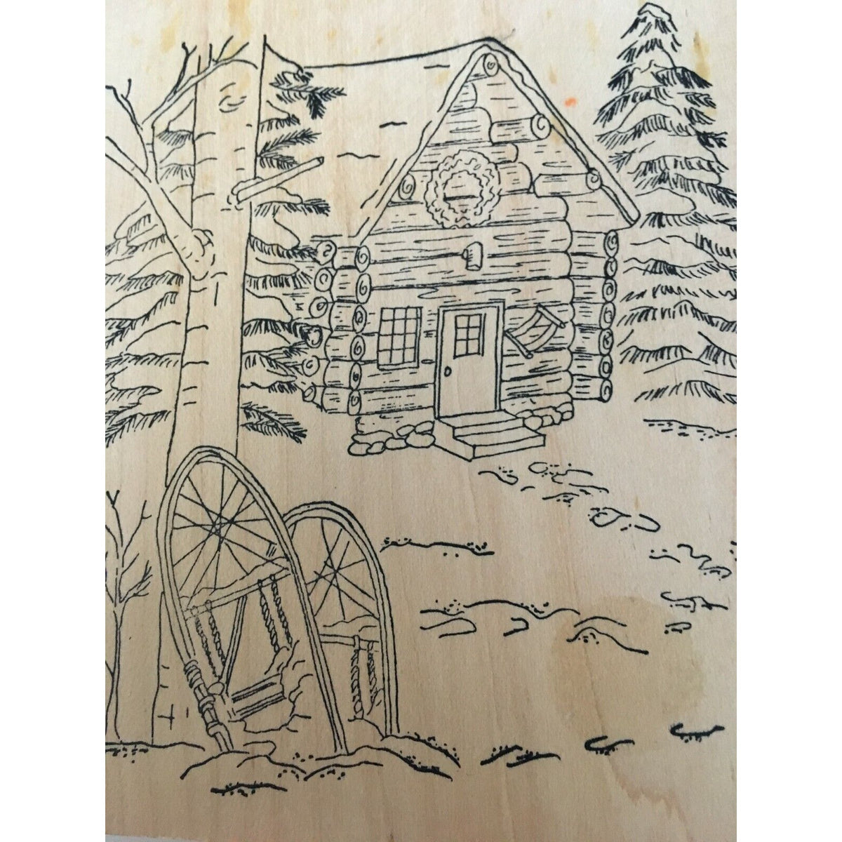 Purple Daisy Designs Rubber Stamp Christmas Tree Cabin in Woods Snowshoes Winter