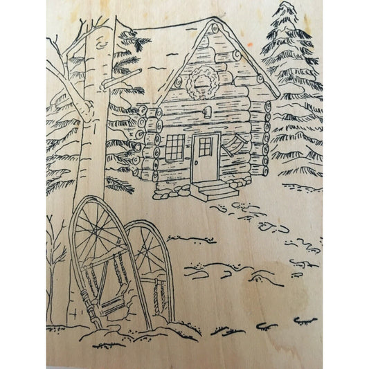 Purple Daisy Designs Rubber Stamp Christmas Tree Cabin in Woods Snowshoes Winter