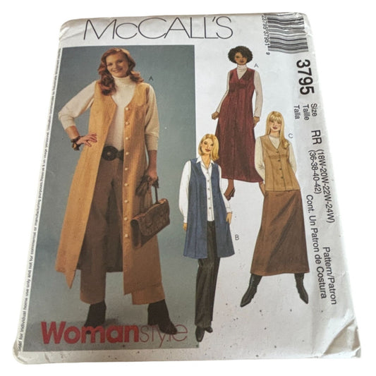McCalls Sewing Pattern 3795 Vest Jumper Skirt Pants Casual Duster 18W-24W Uncut