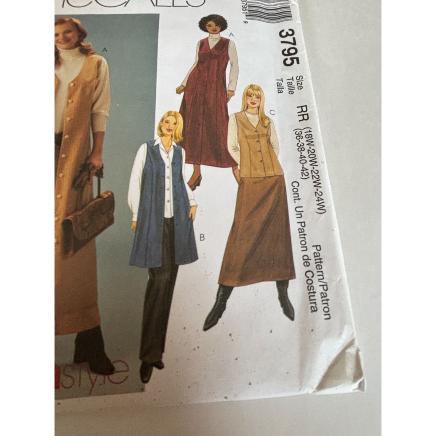 McCalls Sewing Pattern 3795 Vest Jumper Skirt Pants Casual Duster 18W-24W Uncut