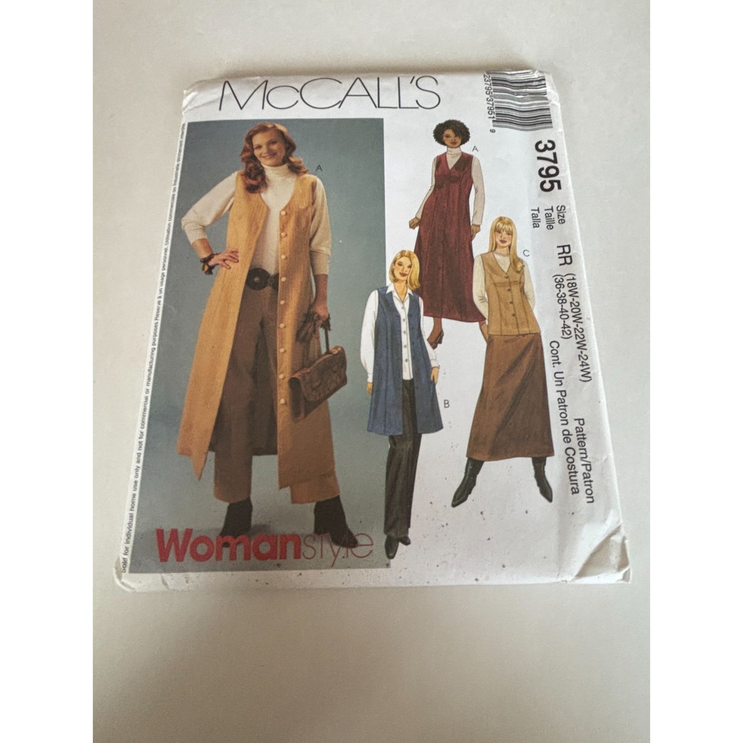 McCalls Sewing Pattern 3795 Vest Jumper Skirt Pants Casual Duster 18W-24W Uncut