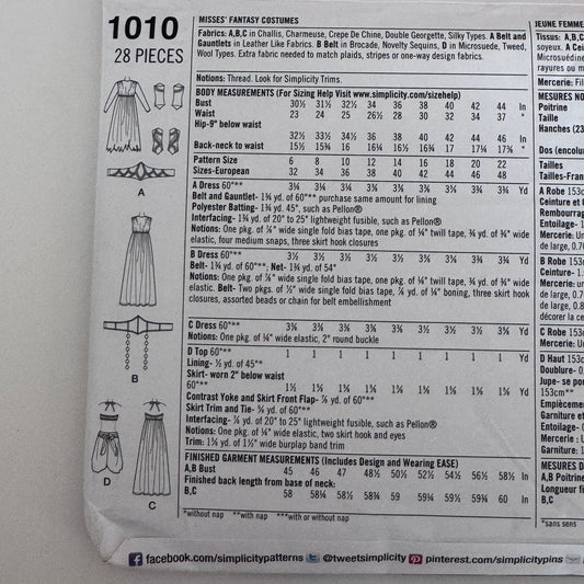 Simplicity 1010 Fantasy Costume Sewing Pattern For Misses Sizes 14-22