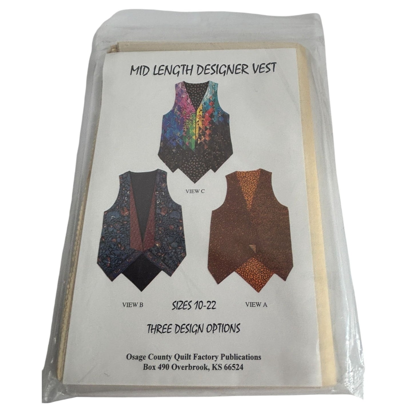 Osage County Quilt Factory Sewing Pattern Mid Length Designer Vest 10-12 Uncut