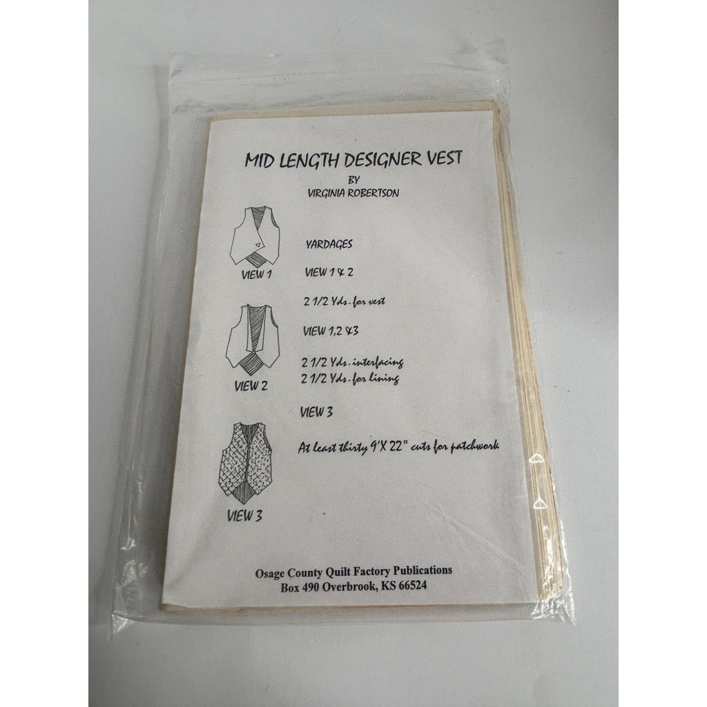 Osage County Quilt Factory Sewing Pattern Mid Length Designer Vest 10-12 Uncut