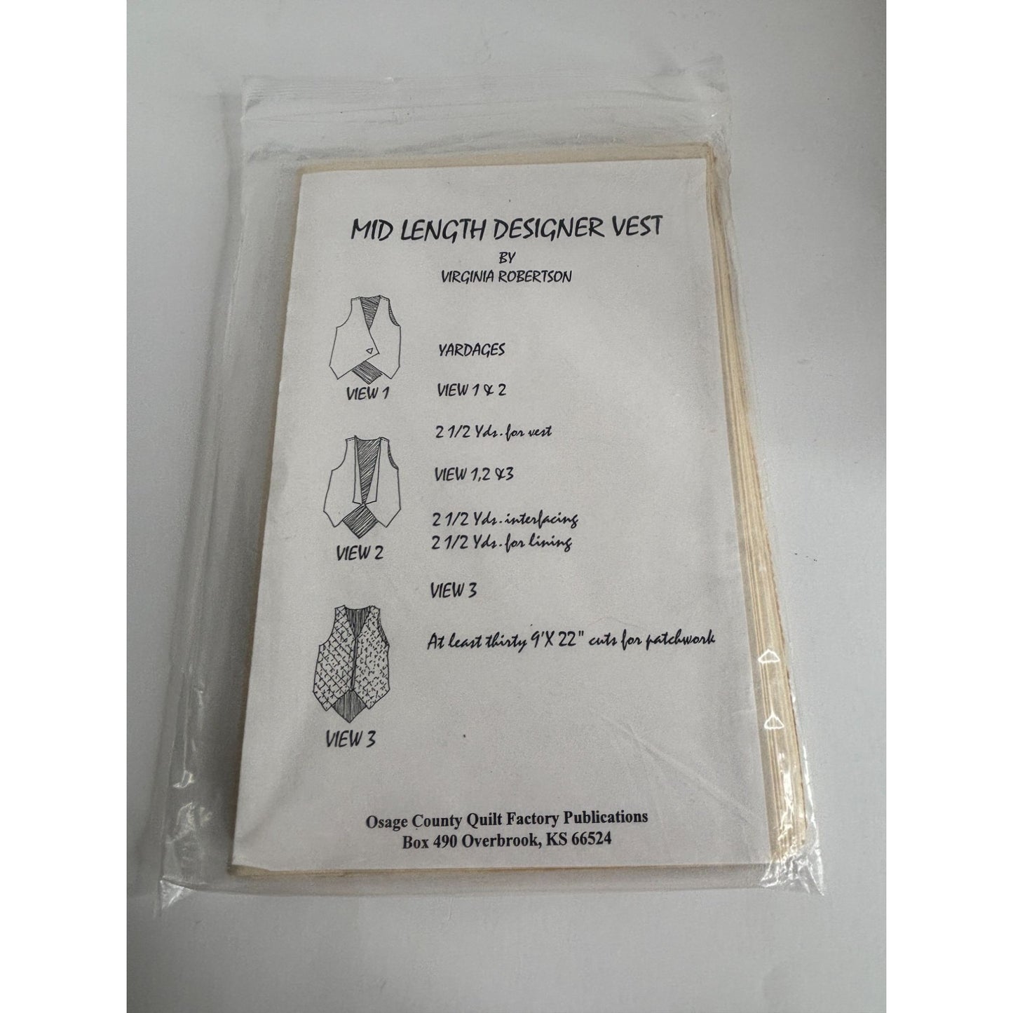Osage County Quilt Factory Sewing Pattern Mid Length Designer Vest 10-12 Uncut