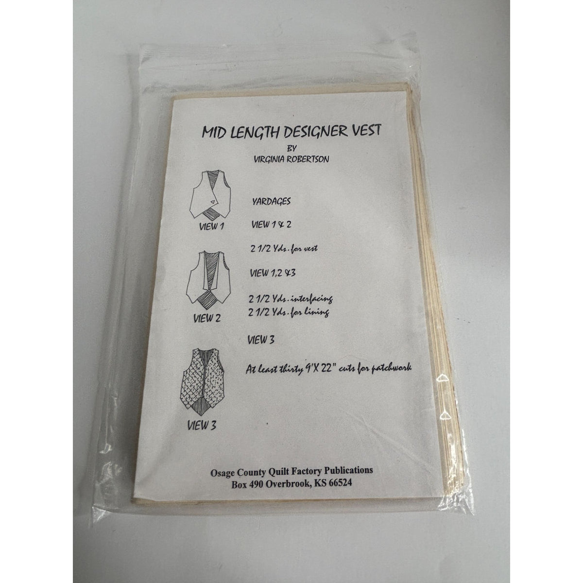 Osage County Quilt Factory Sewing Pattern Mid Length Designer Vest 10-12 Uncut