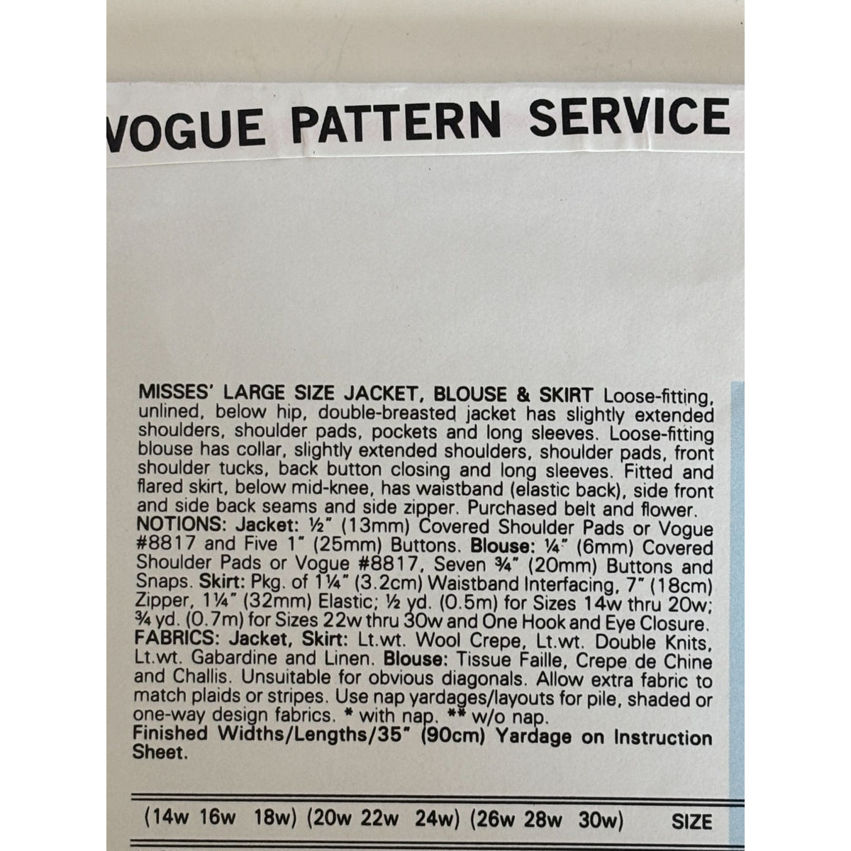 Vogue Sewing Pattern 2126 Jacket Blouse Skirt 20W-24W 80s Corporate Chic Uncut Power Dressing