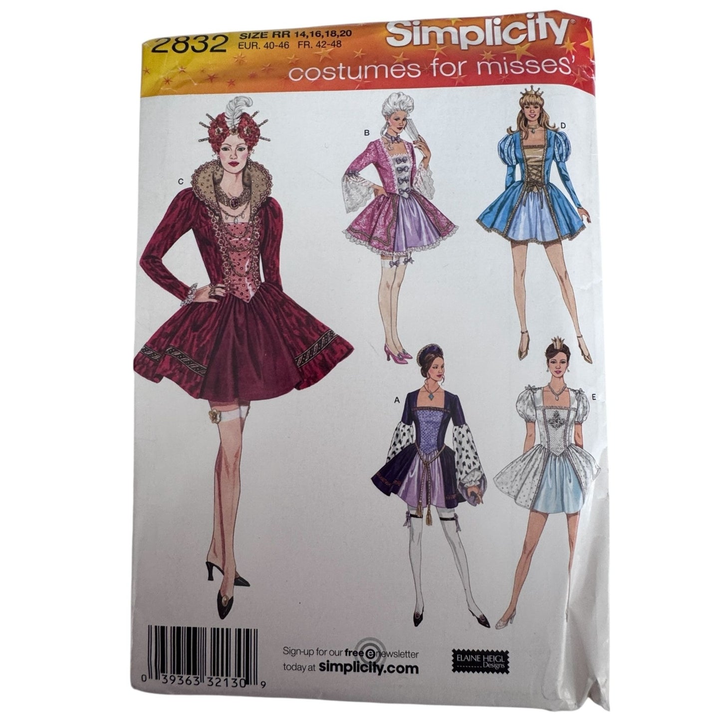 Simplicity Sewing Pattern 2832 Fantasy Costume Royal Princess Dress 14-20 Uncut Renaissance Fairy Tale