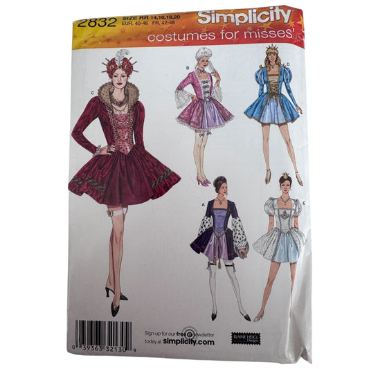 Simplicity Sewing Pattern 2832 Fantasy Costume Royal Princess Dress 14-20 Uncut Renaissance Fairy Tale