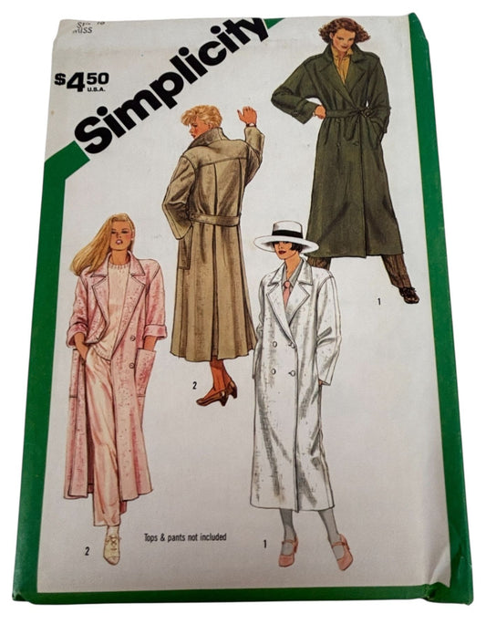 Simplicity Sewing Pattern 6524 Unlined Long Trench Coat 16 Winter Vintage 1980s