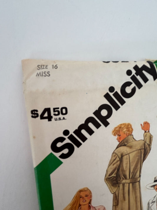 Simplicity Sewing Pattern 6524 Unlined Long Trench Coat 16 Winter Vintage 1980s