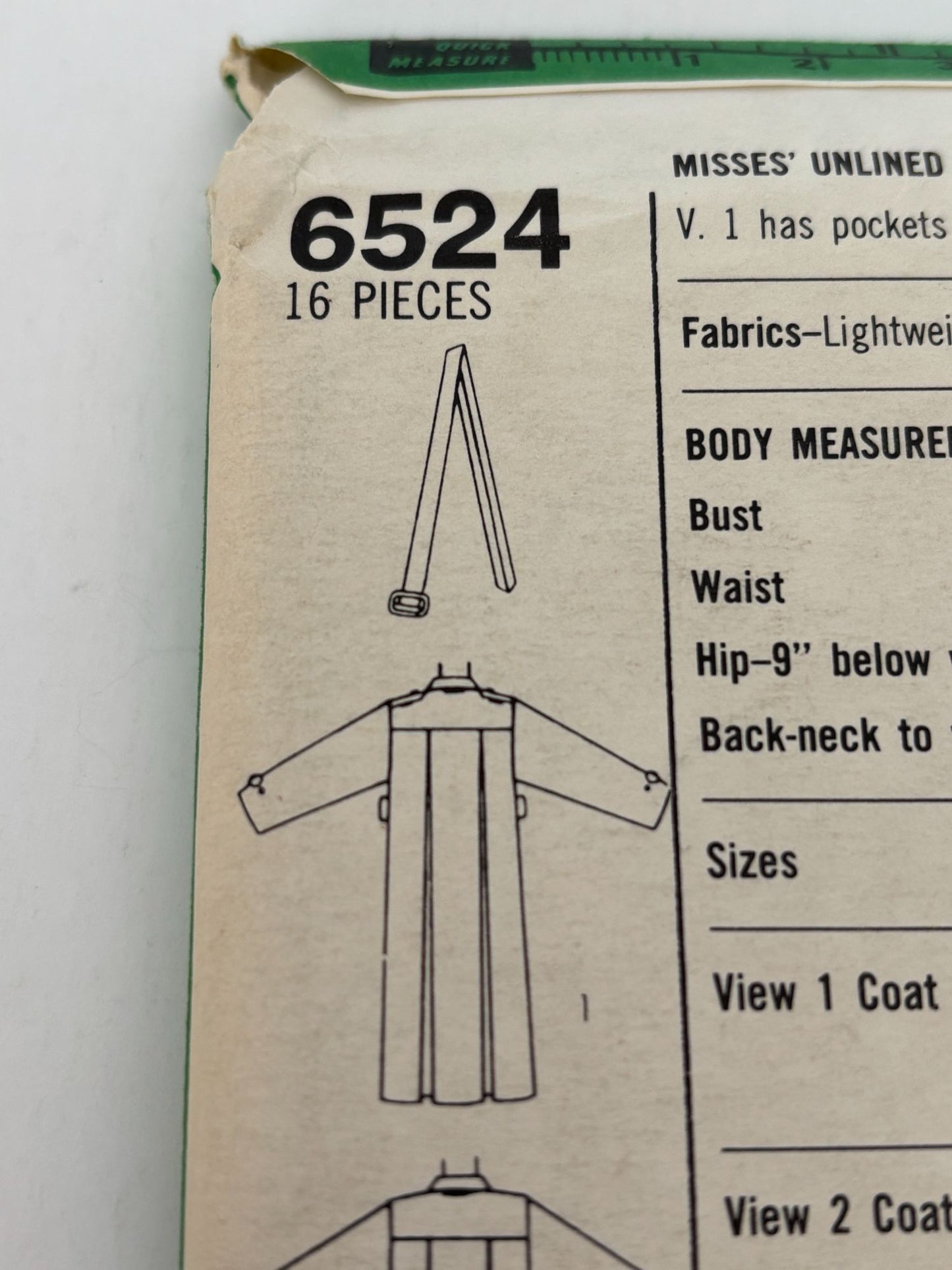 Simplicity Sewing Pattern 6524 Unlined Long Trench Coat 16 Winter Vintage 1980s
