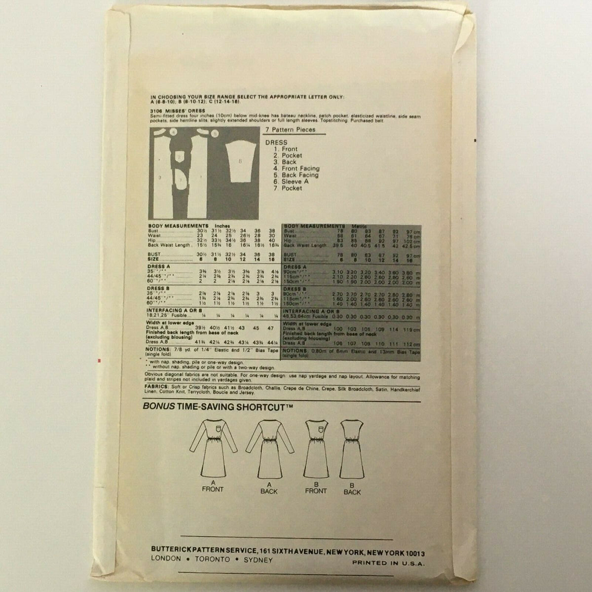 Butterick Sewing Pattern 3106 Marie Osmond Dress Bateau Neckline 80s Sz 8-12 UC