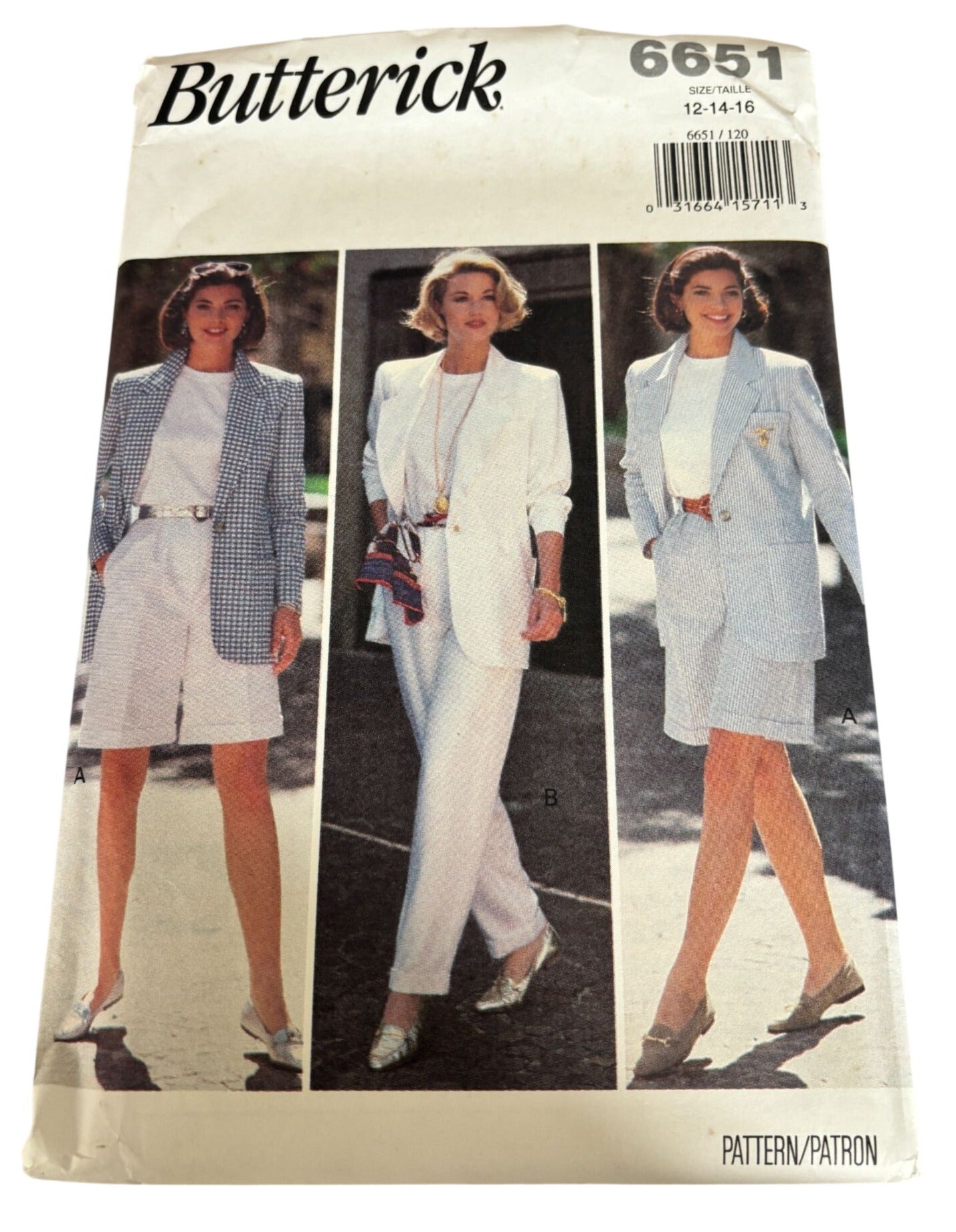 Butterick Sewing Pattern 6651 90s Power Suit Jacket Shorts Pants Top Easy 12-16 Uncut