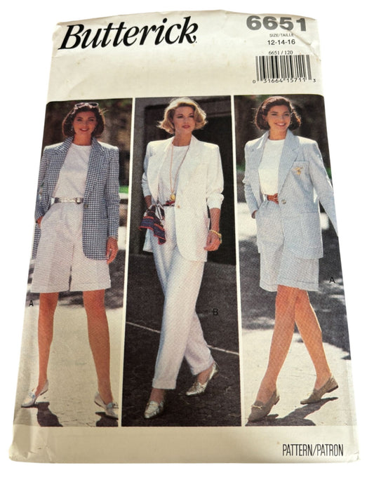Butterick Sewing Pattern 6651 90s Power Suit Jacket Shorts Pants Top Easy 12-16 Uncut