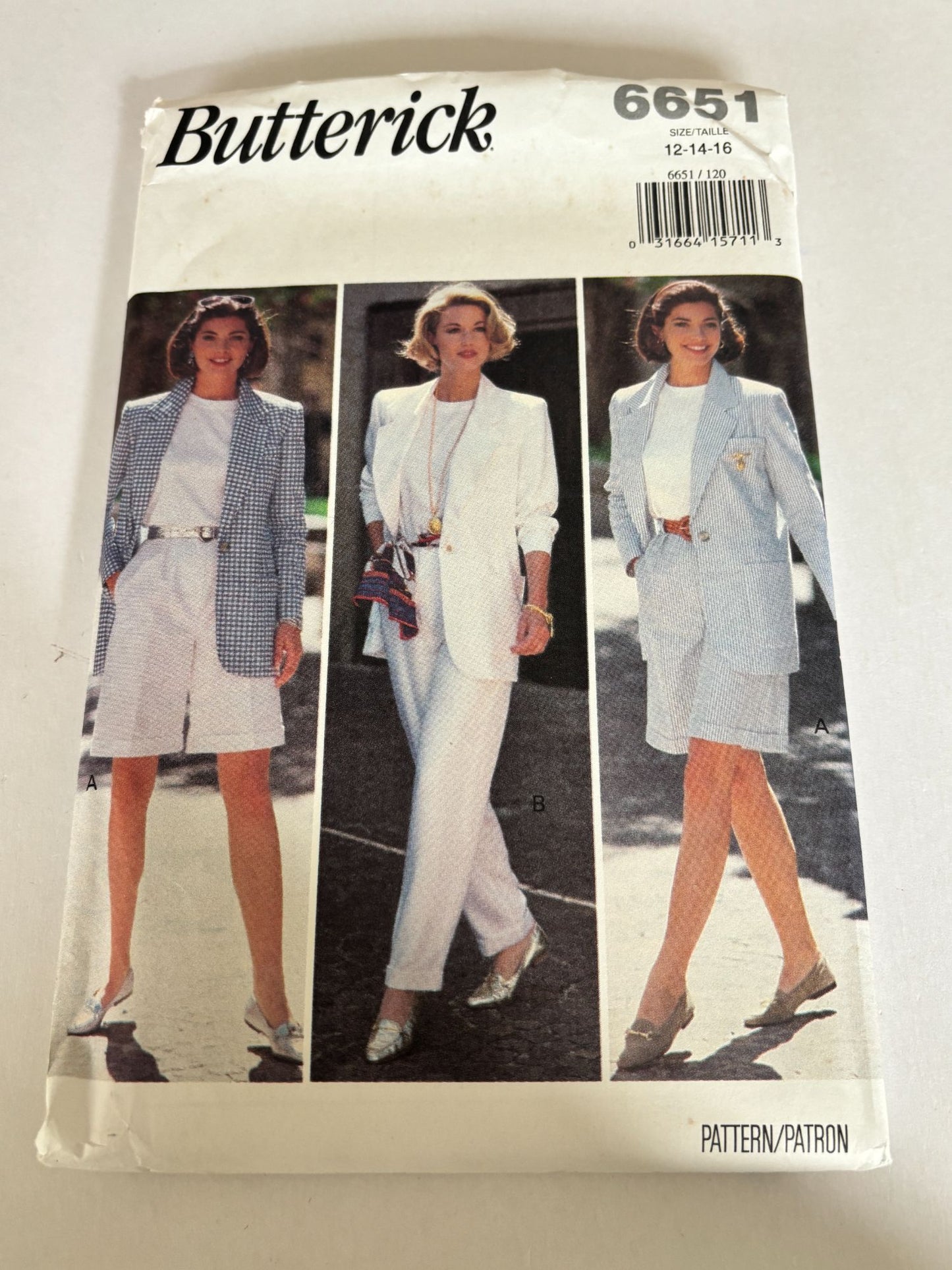 Butterick Sewing Pattern 6651 90s Power Suit Jacket Shorts Pants Top Easy 12-16 Uncut