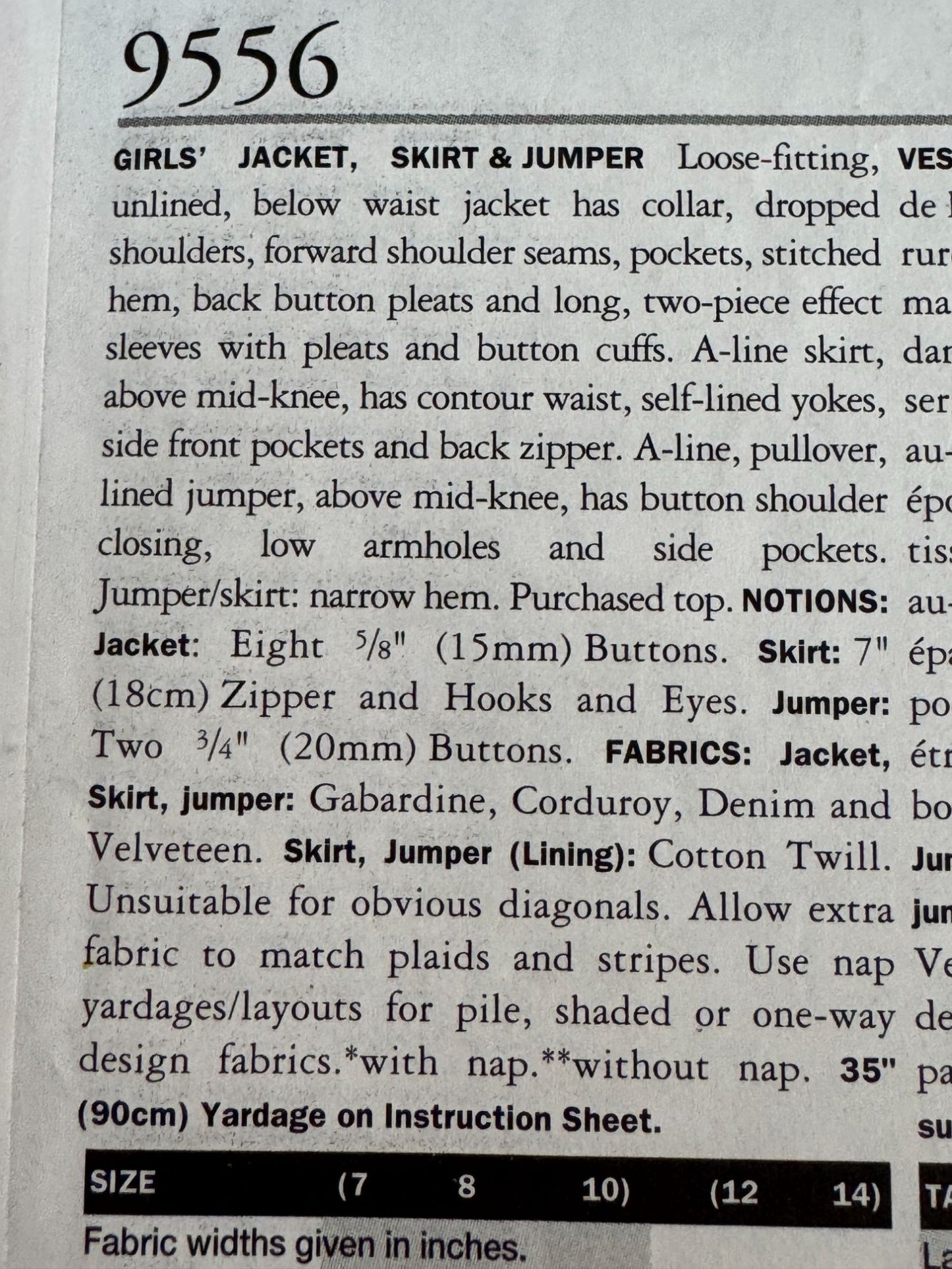 Vogue Sewing Pattern 9556 Jumper Jacket Skirt Outfit 90s Y2K Style Girls 7-10 UC