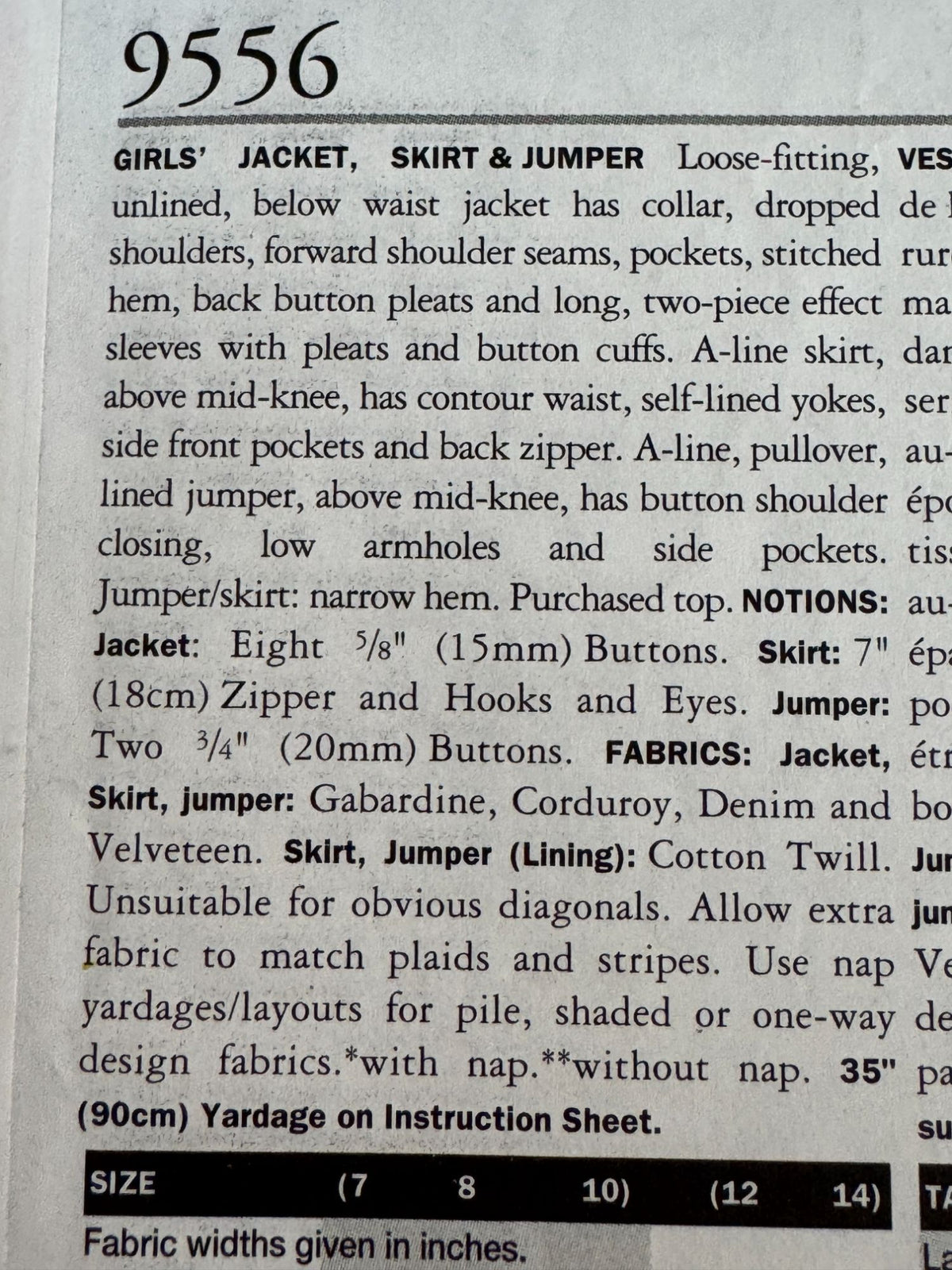 Vogue Sewing Pattern 9556 Jumper Jacket Skirt Outfit 90s Y2K Style Girls 7-10 UC
