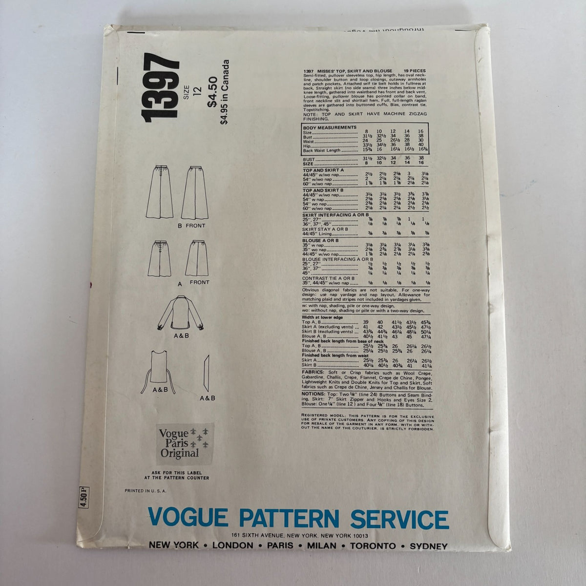 Vogue Paris Original Sewing Pattern 1397 Chloe 1970s Designer Top Skirt 12 Uncut Romantic
