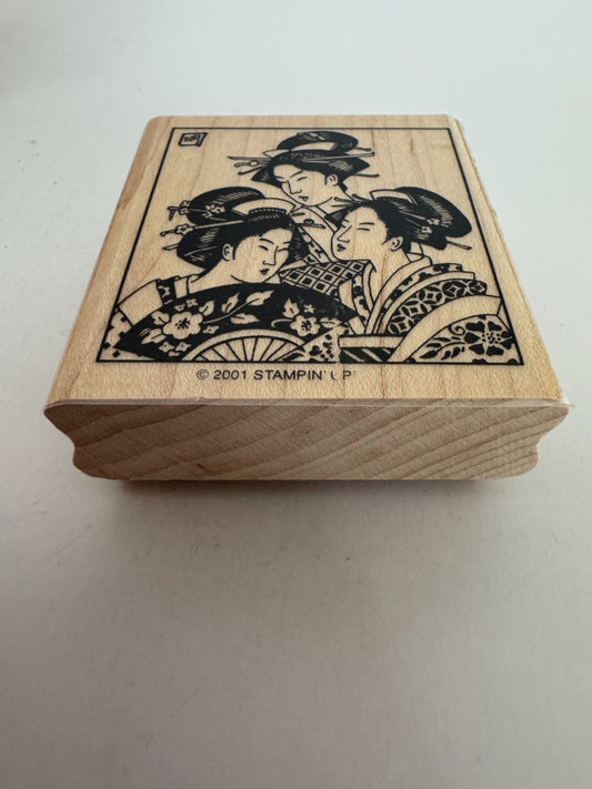 Stampin Up Rubber Stamp Geisha Trio Women Asian Fans Japanese Girls Wood Mounted