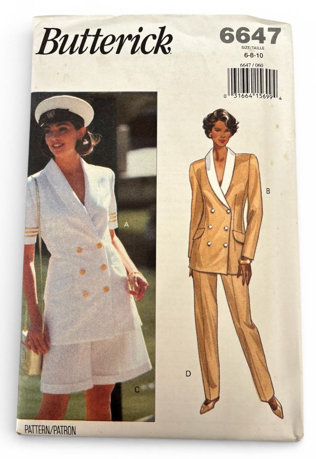 Butterick Sewing Pattern 6647 Top Shorts Pants Suit Nautical 6 8 10 Easy 90s UC
