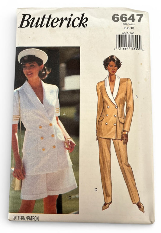 Butterick Sewing Pattern 6647 Top Shorts Pants Suit Nautical 6 8 10 Easy 90s UC