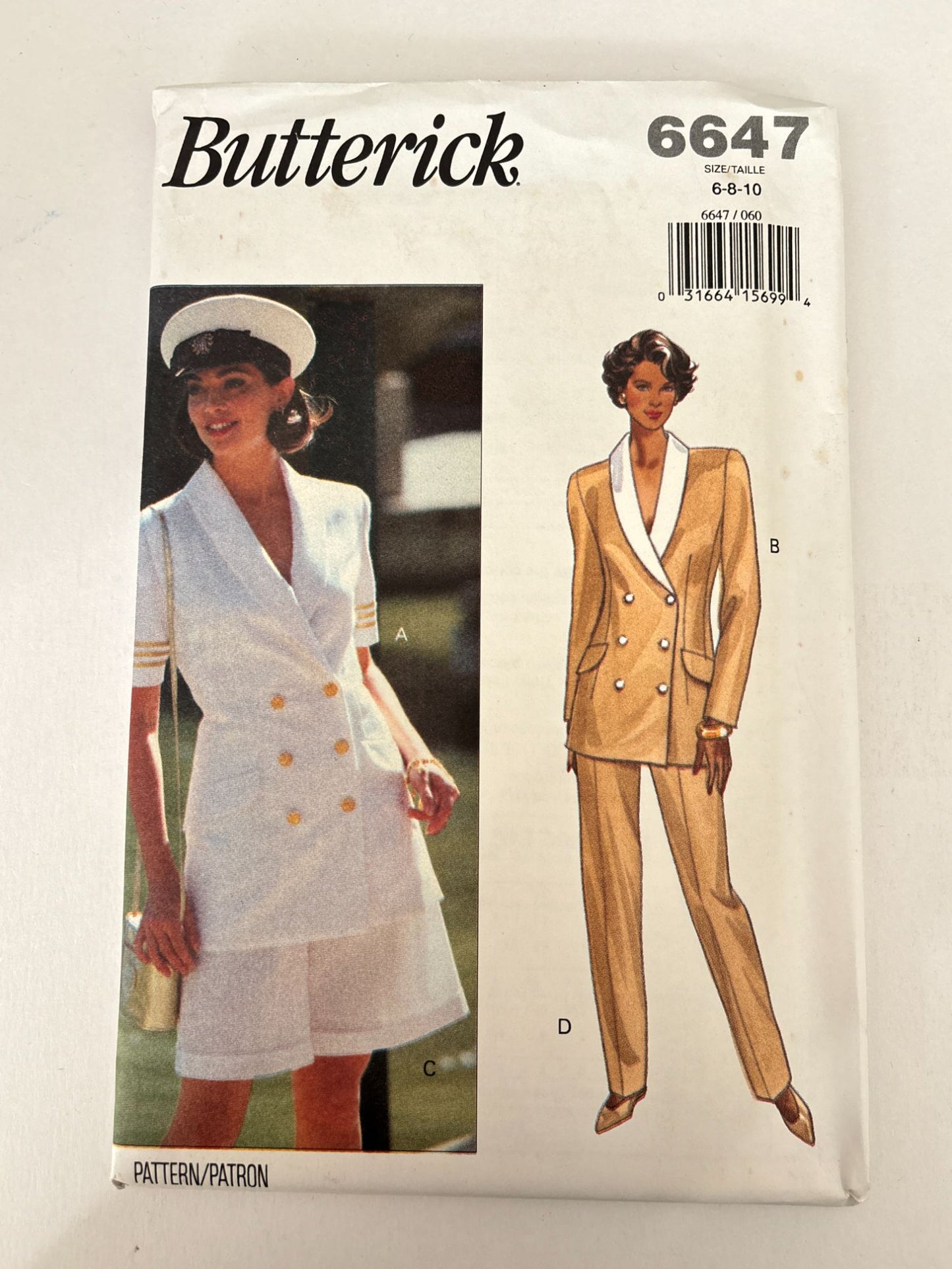 Butterick Sewing Pattern 6647 Top Shorts Pants Suit Nautical 6 8 10 Easy 90s UC