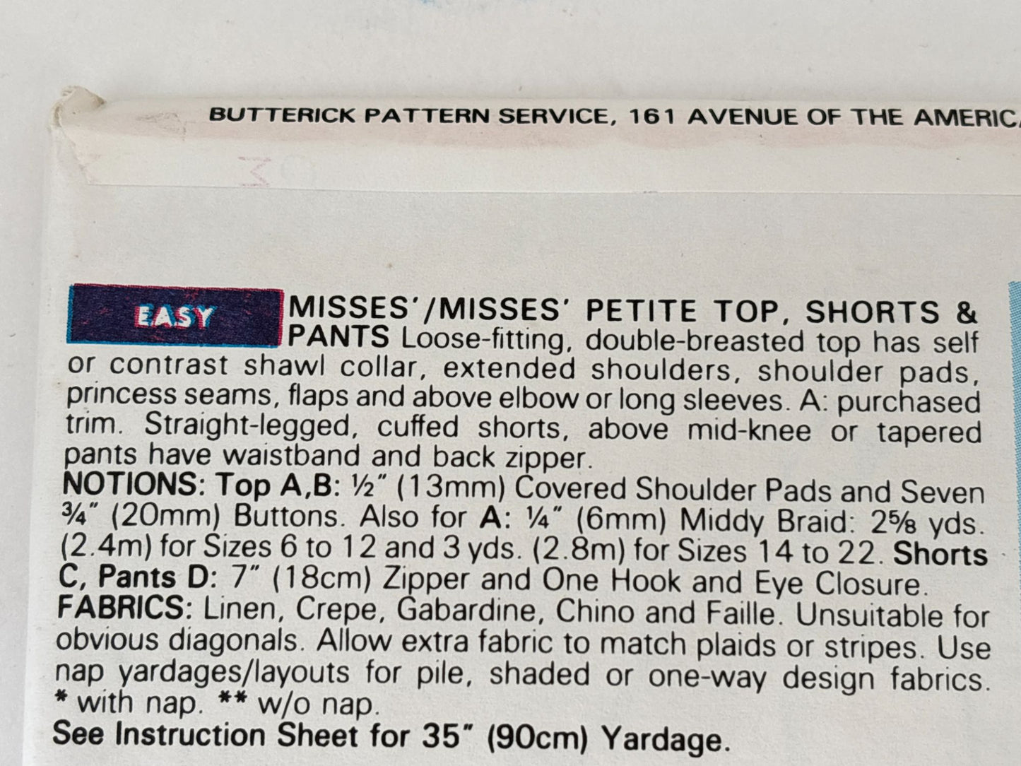 Butterick Sewing Pattern 6647 Top Shorts Pants Suit Nautical 6 8 10 Easy 90s UC