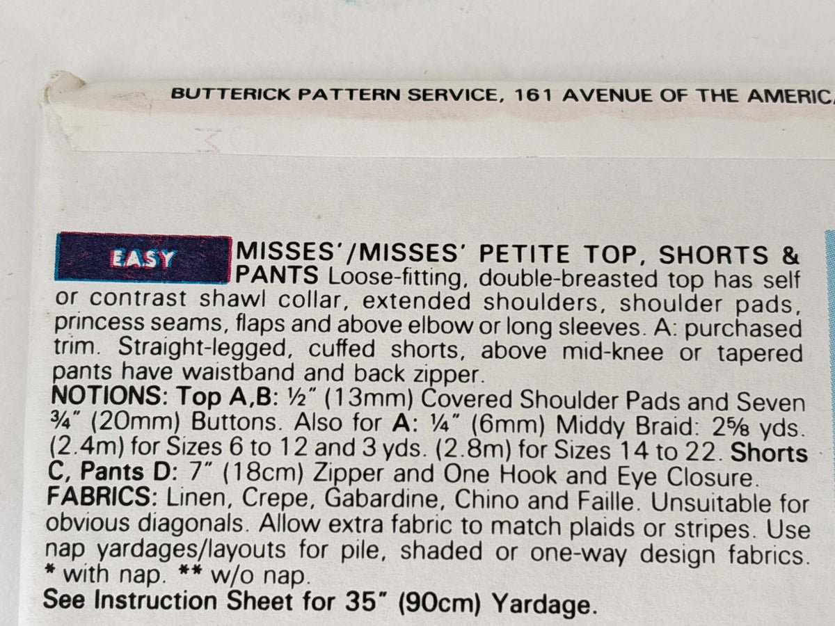 Butterick Sewing Pattern 6647 Top Shorts Pants Suit Nautical 6 8 10 Easy 90s UC