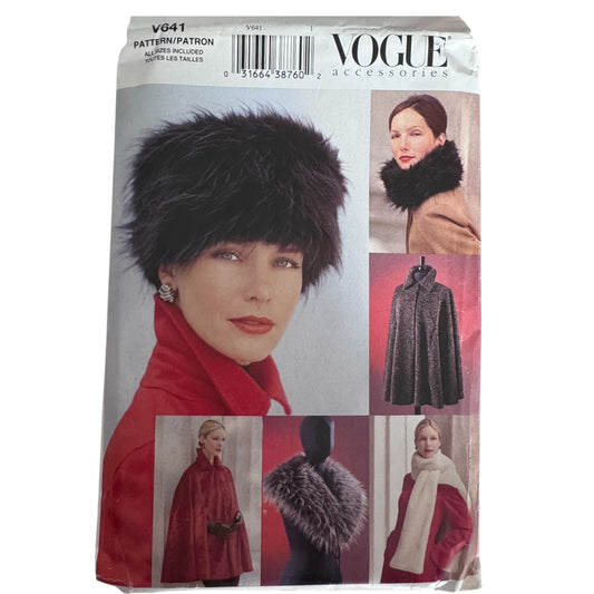 Vogue Sewing Pattern V641 Hat Collar Stole Cape Capelet Faux Fur Accessories Uncut Winter