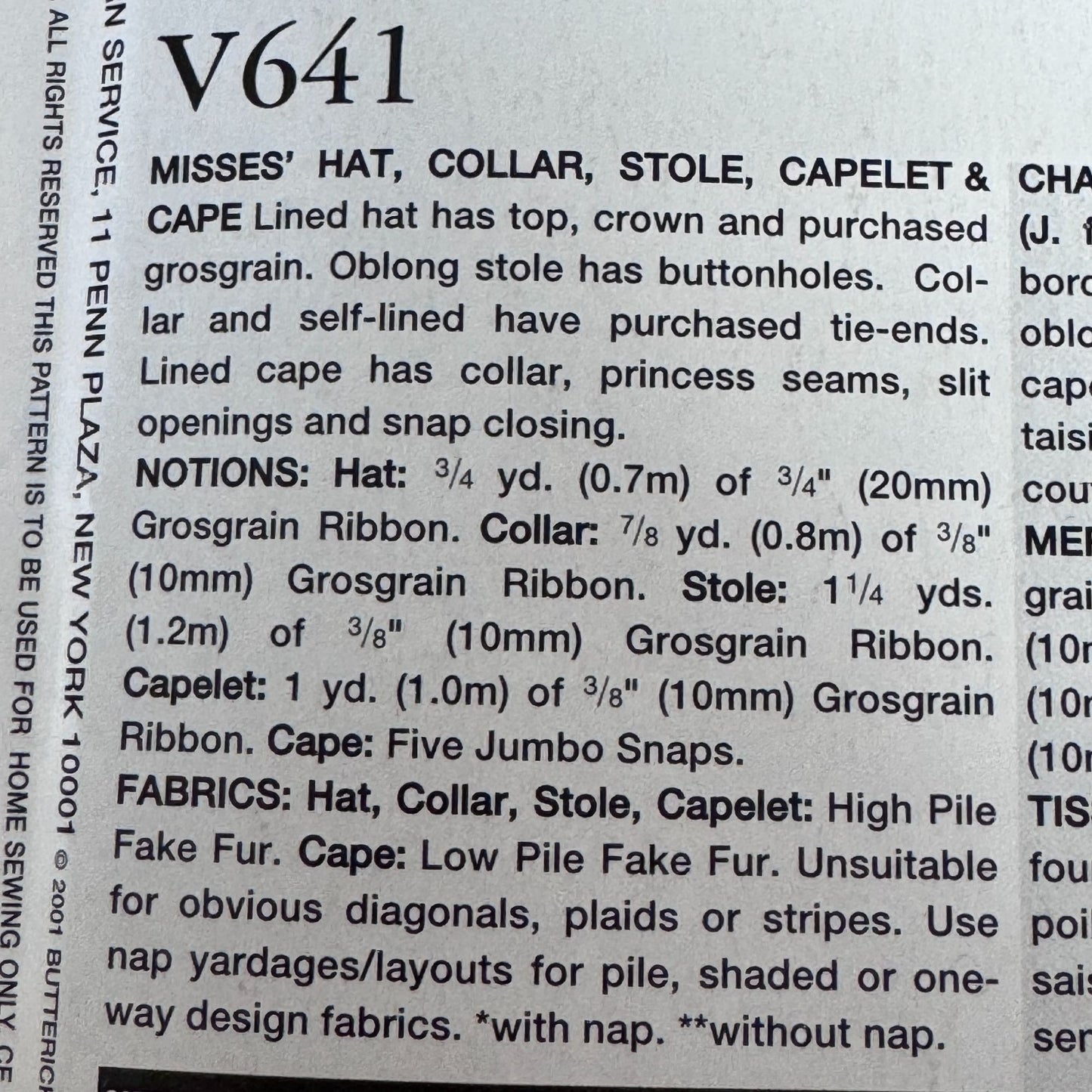Vogue Sewing Pattern V641 Hat Collar Stole Cape Capelet Faux Fur Accessories Uncut Winter
