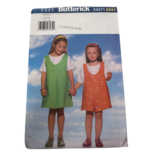 Butterick Sewing Pattern 5445 Girls Jumper and Top A-Line Loose-Fitting 6 7 8 UC