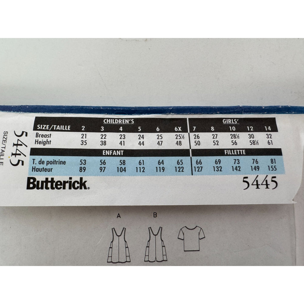 Butterick Sewing Pattern 5445 Girls Jumper and Top A-Line Loose-Fitting 6 7 8 UC
