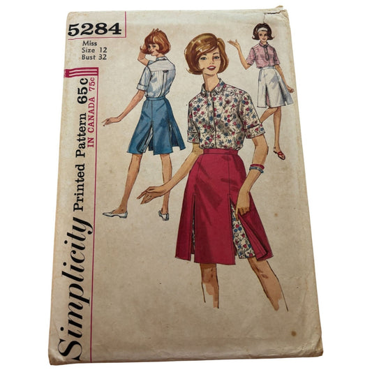 Simplicity Sewing Pattern 5284 Skirted Shorts Shirt 1960s Retro UC Sz 12 Bust 32