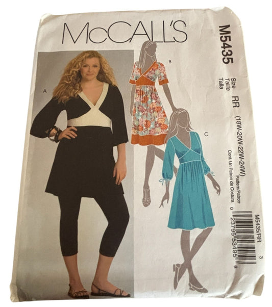 McCalls Sewing Pattern M5435 Dress V-Neck Tunic Shirt Flared Sleeves 18W-24W UC