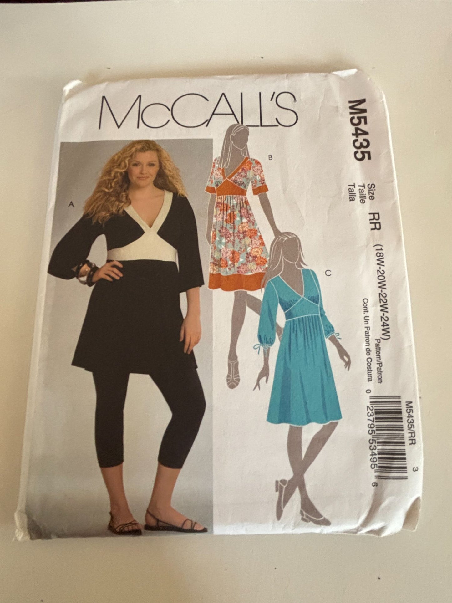 McCalls Sewing Pattern M5435 Dress V-Neck Tunic Shirt Flared Sleeves 18W-24W UC