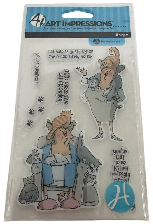 Art Impressions Clear Stamps Set Funny Cat Lady Puns OCD Obsessive Cat Disorder