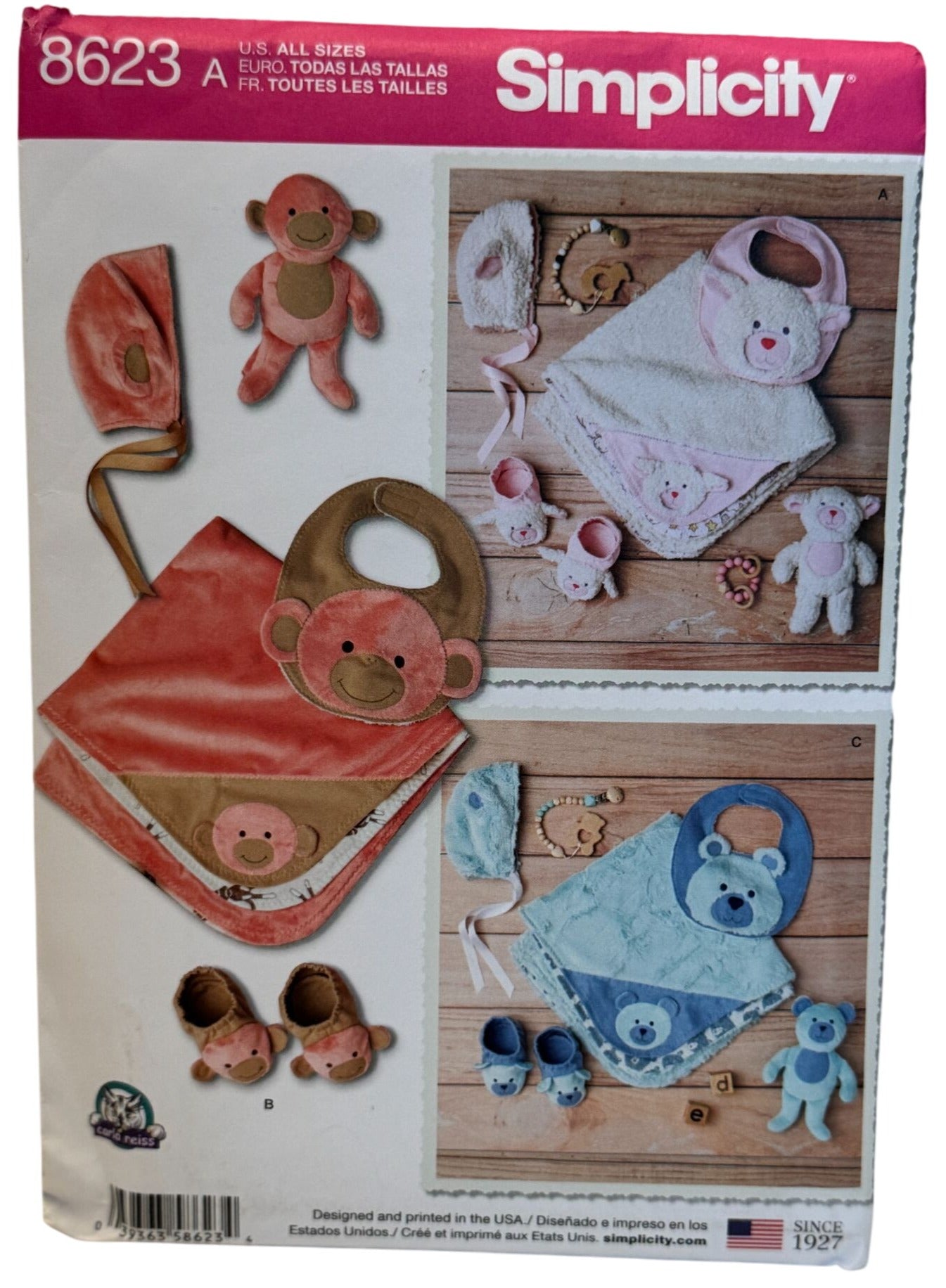 Simplicity Sewing Pattern 8623 Baby Hats Booties Fleece Blanket Monkey Lamb Bear