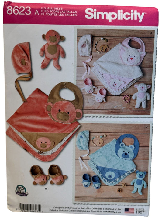 Simplicity Sewing Pattern 8623 Baby Hats Booties Fleece Blanket Monkey Lamb Bear