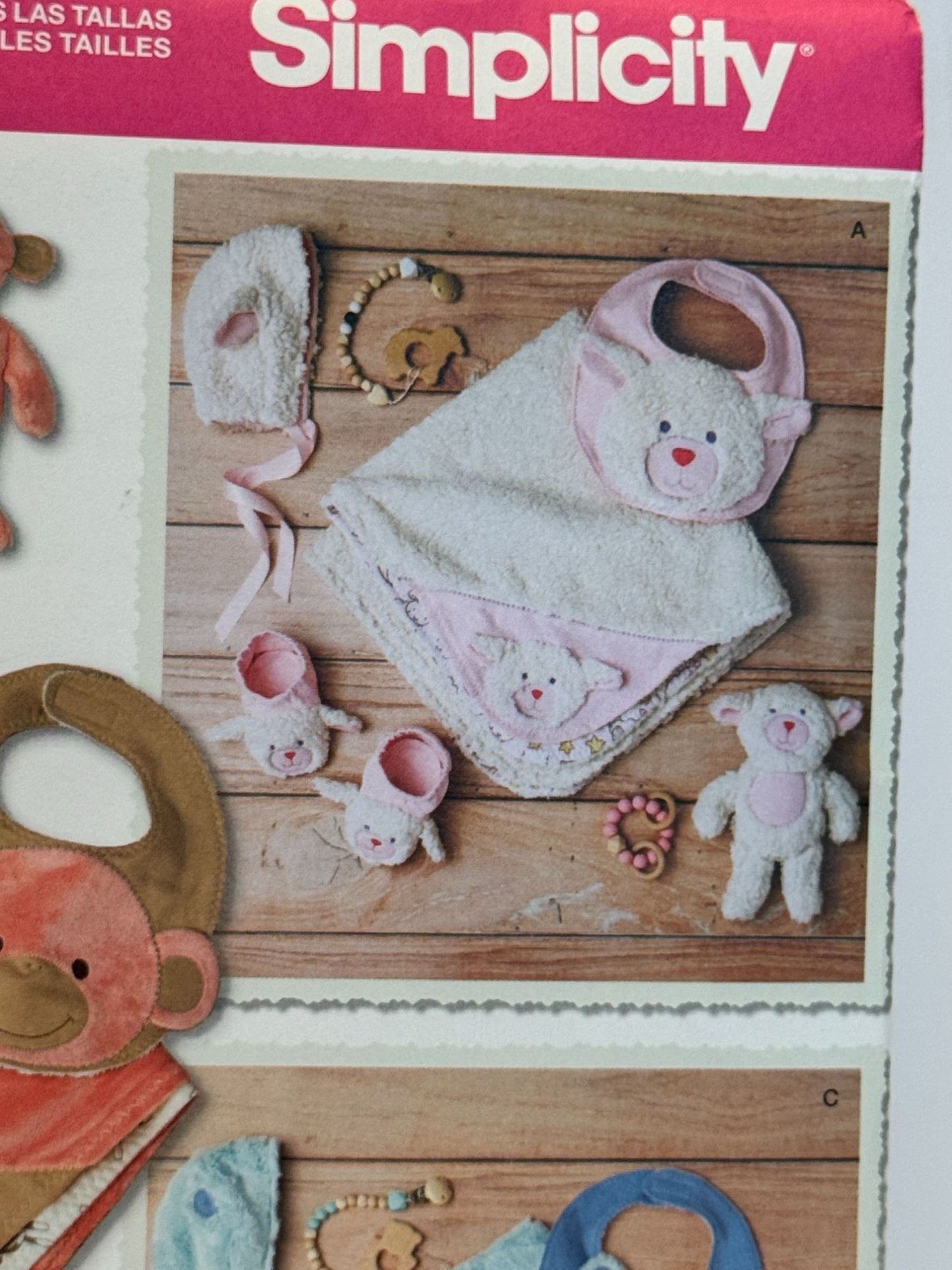 Simplicity Sewing Pattern 8623 Baby Hats Booties Fleece Blanket Monkey Lamb Bear