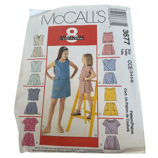 McCalls Sewing Pattern 3677 Girls Summer Tops Skorts Sleeveless Shirt 3-6 Uncut