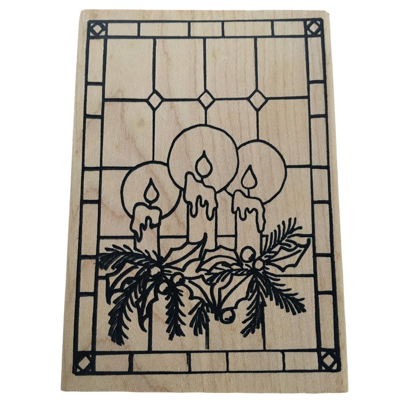 Raindrops on Roses Rubber Stamp Christmas Candles Holly Window Stained Glass